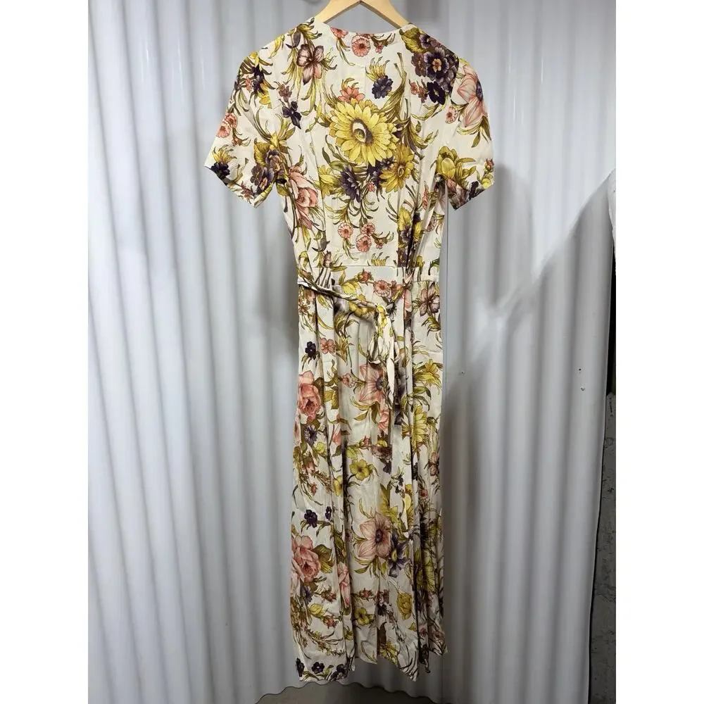Anthropologie Floral V-Neck Wrap Maxi Dress Sz Sm Ivory Orange 30420T Spring